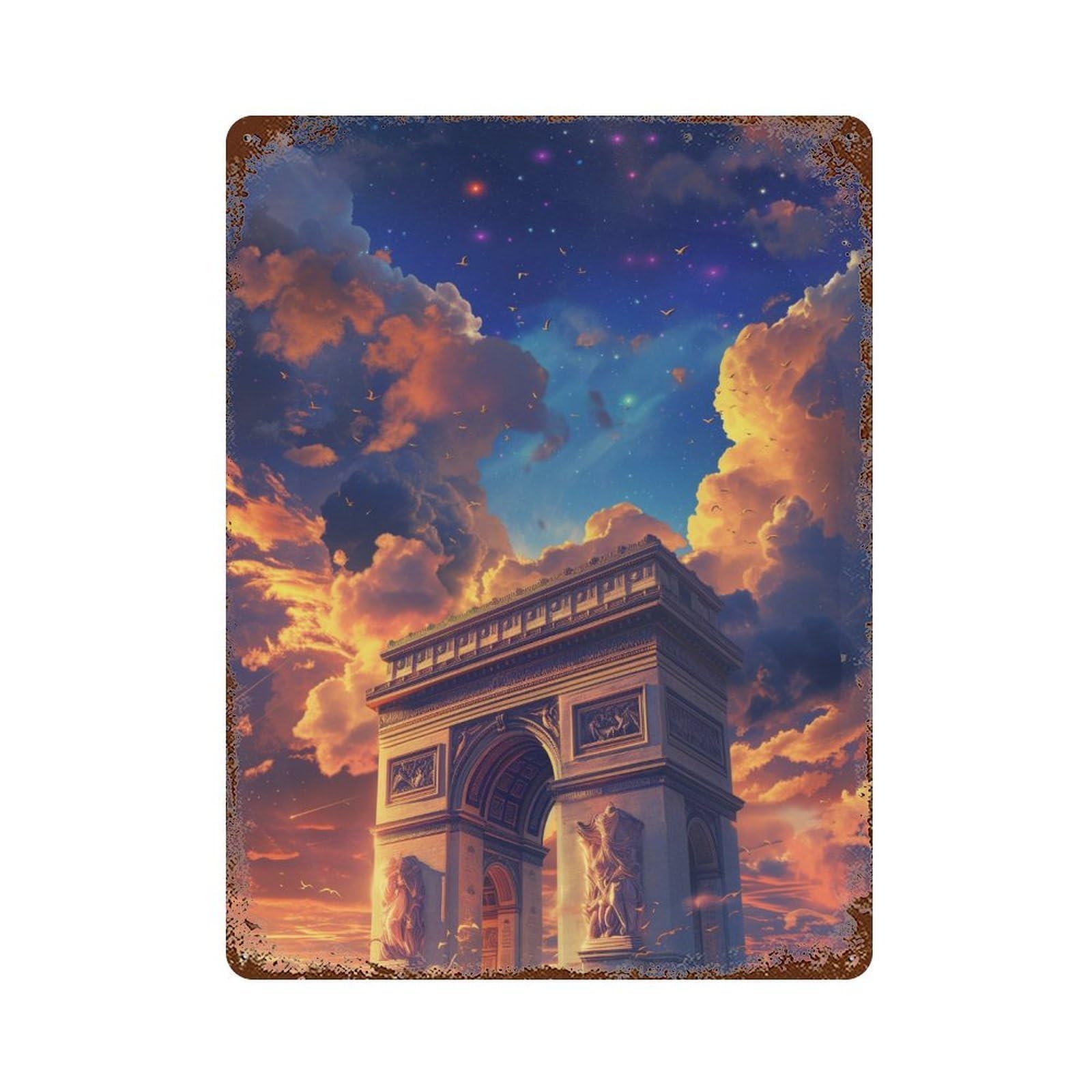 Paris Skyline Sunset Aged Metal Wall Plaque 15.7"x11.8", for Office, Studio And Wall Decor, Novelty Wall Decor
