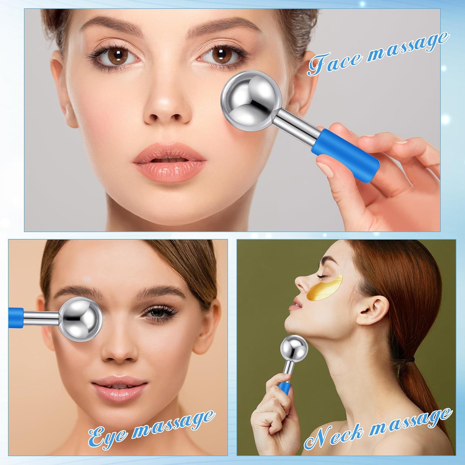 Baderke 2 Pcs Ice Globes for Face Stainless Steel Cooling Globes Unbreakable Cooling Roller Women Ice Balls Cryo Sticks Facials Skin Care for Dark Circles, Puffiness(Silver (Blue Handle)) image 4