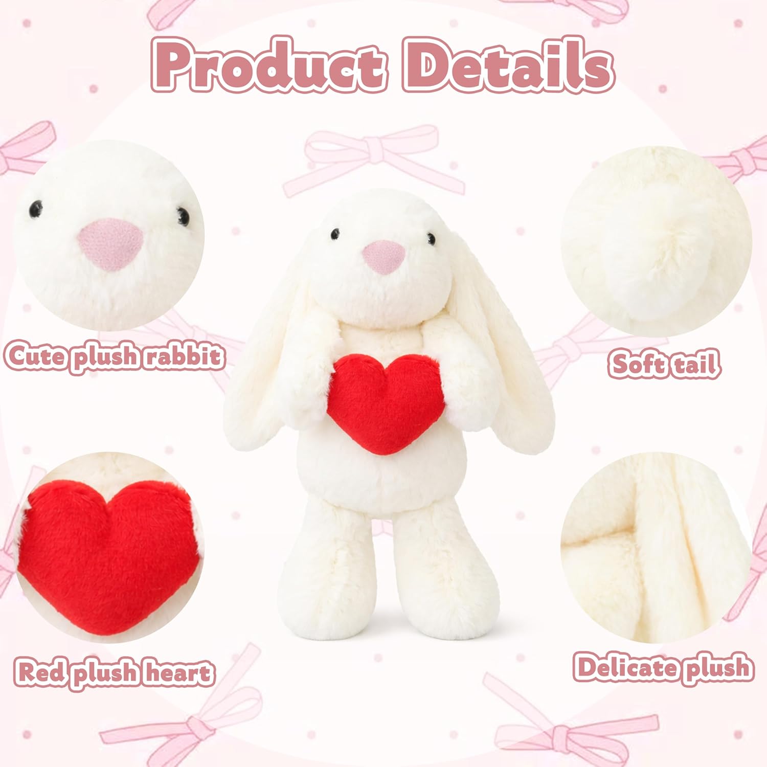 8" Bunny Stuffed Animal with Red Heart, Cute Plush Bunny Toy, Soft Rabbit Plush for Kids & Adults, Valentine’s Day, Christmas, Birthday, Anniversary (White)