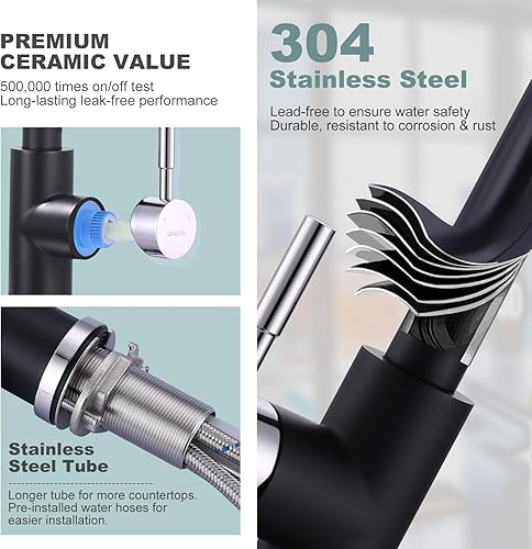 Miniatura 5 de WOWOW - Grifo de cocina negro y cromado con rociador, grifo de fregadero de cocina de acero inoxidable de arco alto, 1 o 3 agujeros, grifo de cocina