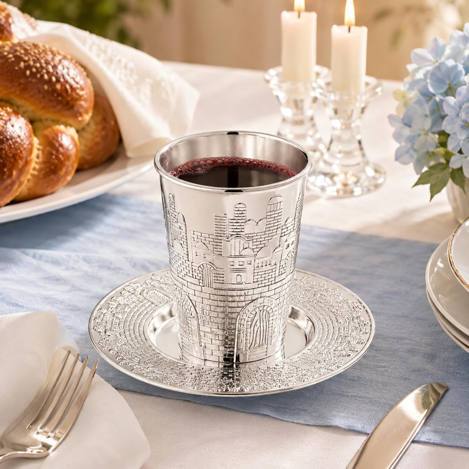 Rite Lite Jerusalem Kiddush Cup Set with Saucer Silverplated Shabbat Wine Goblet Rosh Hashanah Yom Tov Jewish Hebrew Havdalah Shabbos Gift Ceremonial Judaica Hostess Table Centerpiece Home Decor 3.5"H