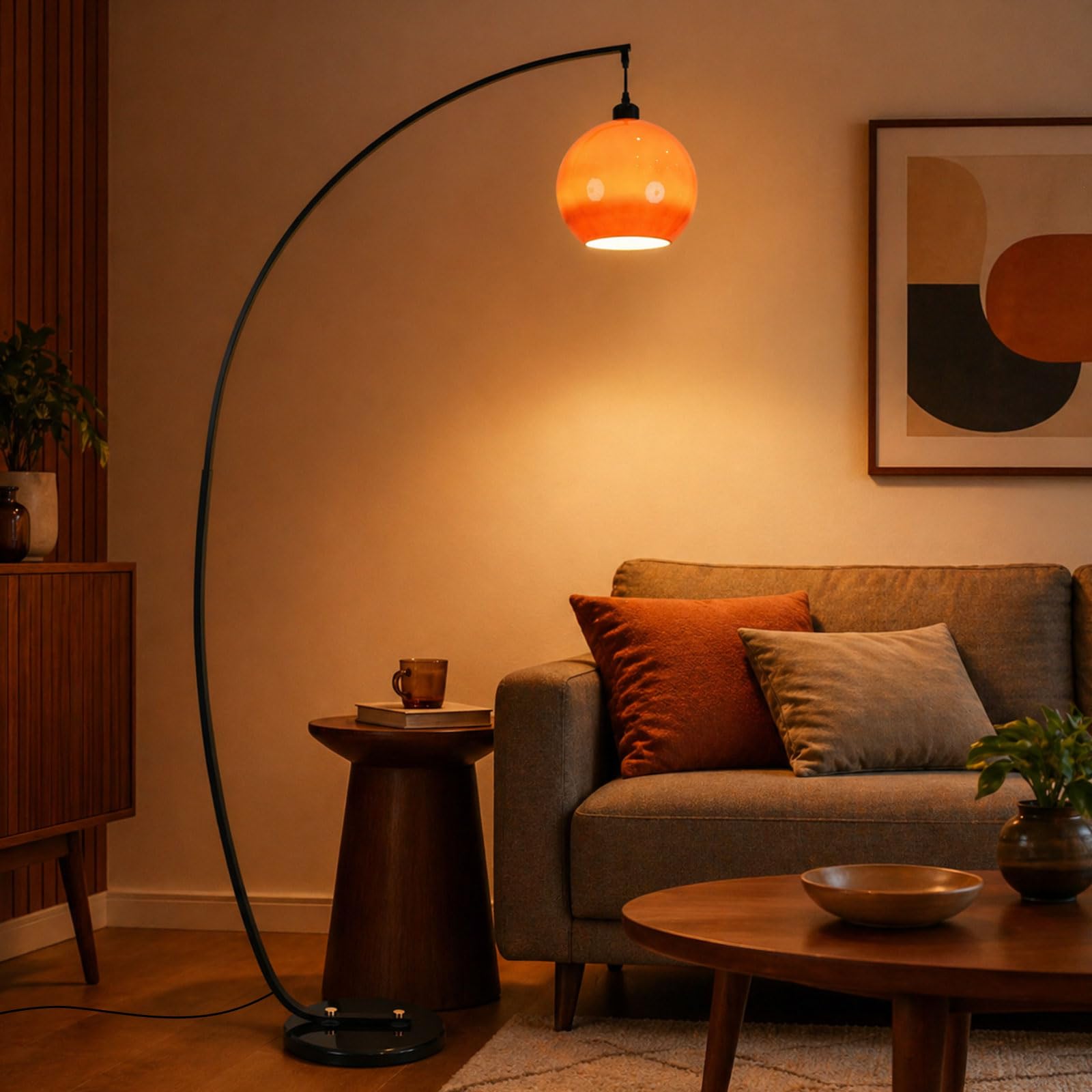 Lampada Da Terra Ad Arco Da 180 CM, Stile Mid-Century Modern, Arancione, Con Globo In Vetro, Attacco E27, 3 Temperature Di Colore, Base In Marmo, Lampada Alta Per Soggiorno E Camera Da Letto