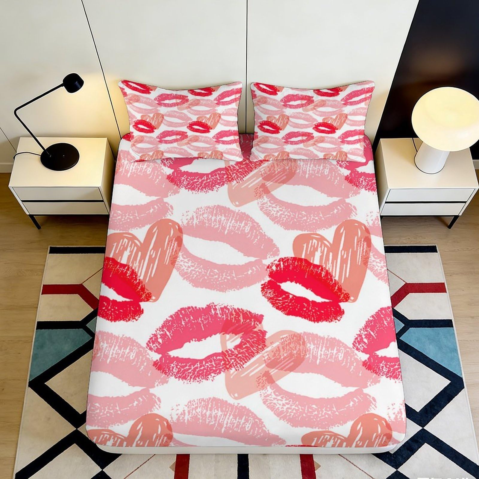 3D Printed Lip Kiss Pattern Fitted Sheet Microfiber Bedroom Decor Heart Shape Mattress Cover for Home Dorm Guest Room 90x200x25cm