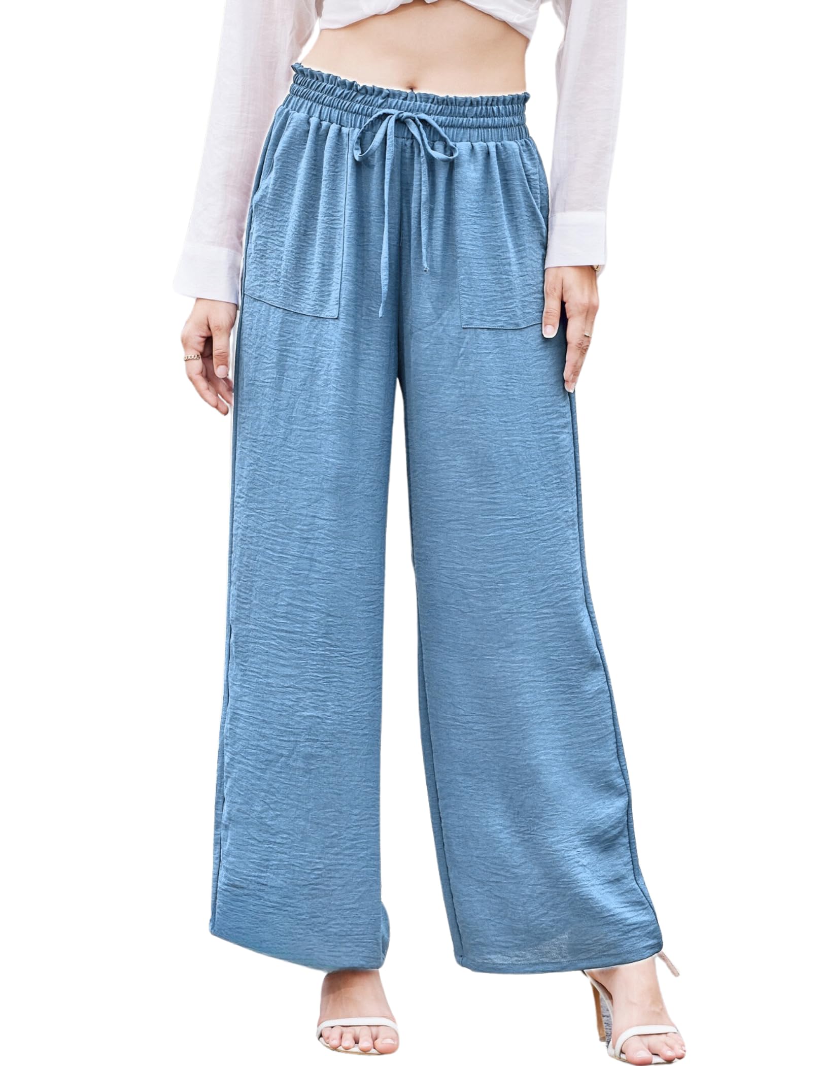 Wide Leg Pants for Women High Stretchy Waisted Drawstring Business Trousers with Pockets Flowy Work Pants Black M