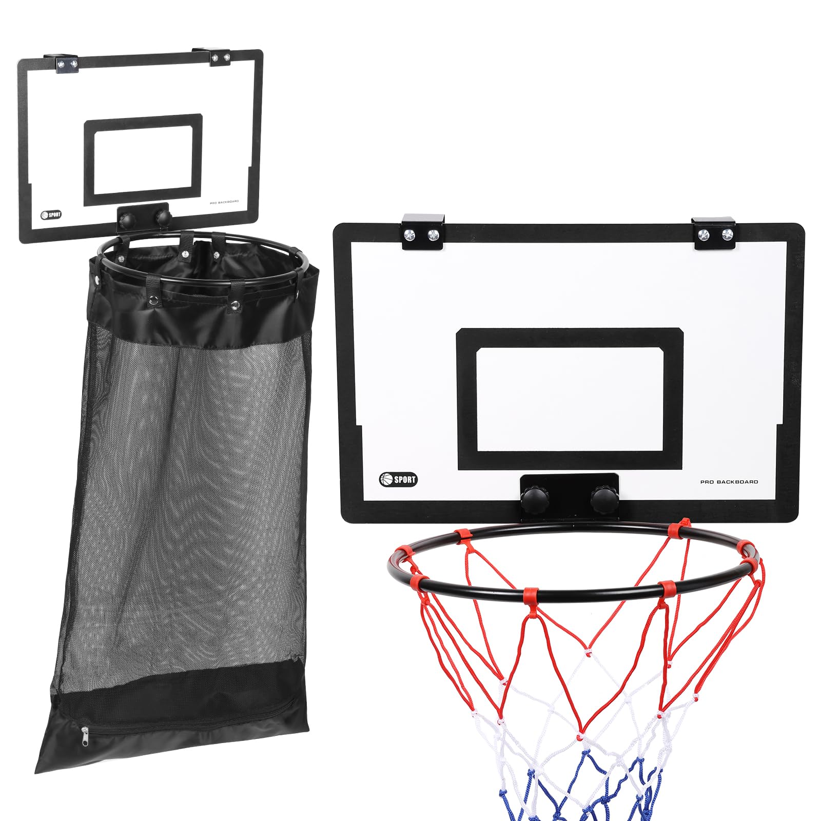 2in1 Door Hanging Basketball Hoop Laundry Basket, Wooden Basketball Hoop Clothes Hamper with Zipper for Dirty Cloth Toy Towel, Over The Door Laundry Basket for Kids Teen Bedrooms Dorm Rooms Bathroom