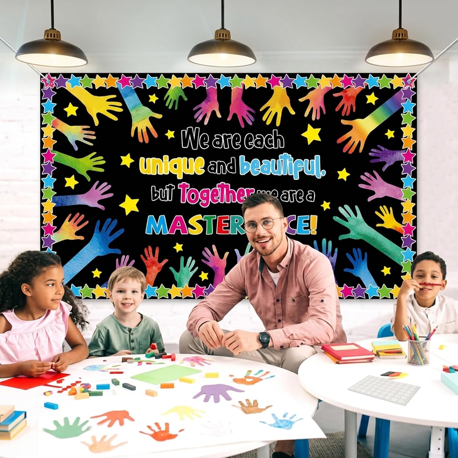 party greeting Handprint Backdrop Banner Colorful Hands Photography Background Back to School Classroom Decoration Inspirational Hanging Banner for Classroom School Home Wall Photo Booth Props
