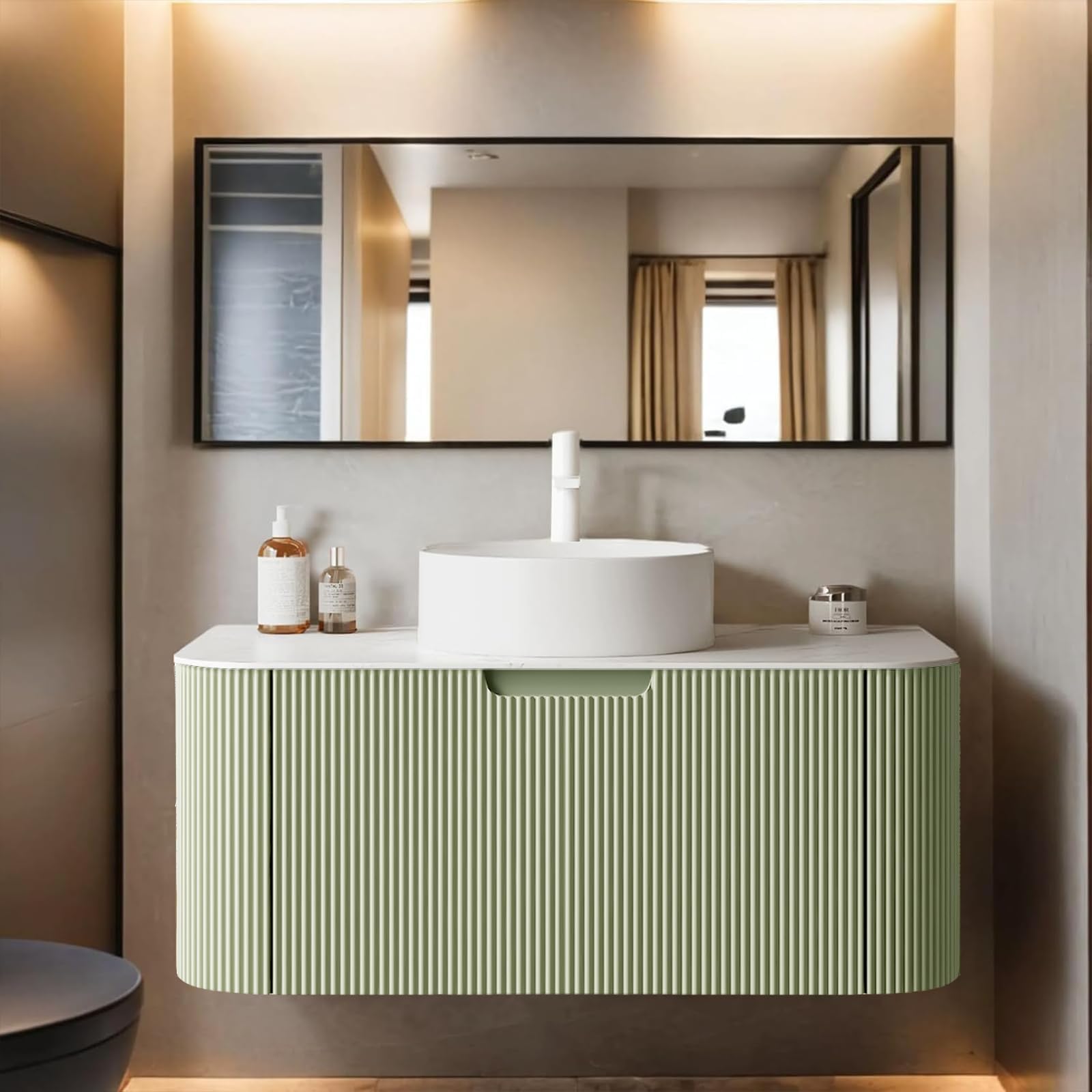 36" Floating Bathroom Vanity with Sink, Wall Mounted Storage Cabinet with Ultra-Thin Ceramic Sink and Marble Top, Large Drawer for Ample Storage Space and No Assembly Required, Light Green