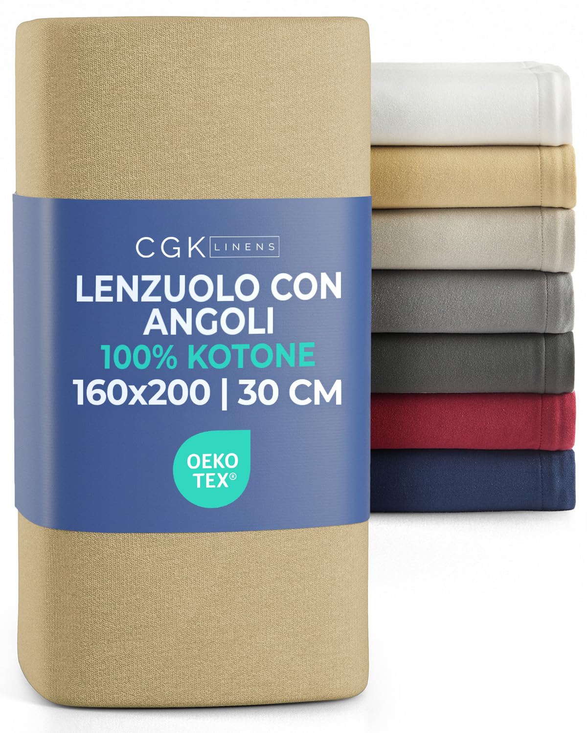 Lenzuolo con angoli 160x200 cm Beige - 100% Jersey Cotone morbido & traspirante - Tasca 30 cm / 12" - Anti-grinze, Resistente, Ipoallergenico & Traspirante - Certificato OEKO-TEX Standard 100