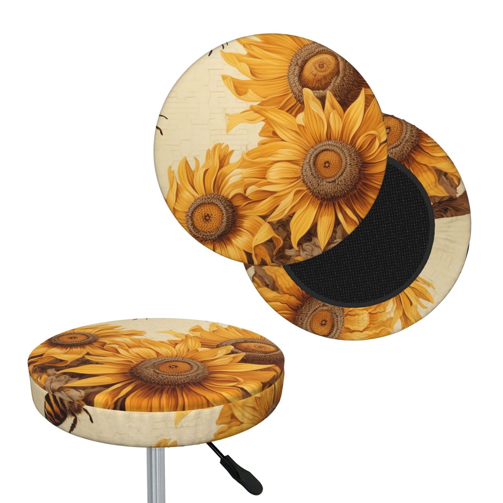NONHAI Bees and Sunflowers Bar Stool Cover Round Elastic Stool Cushion Covers Dustproof Bar Chair Cover Washable Stool Cushion Slipcover Stretch Stool Seat Covers for 12-14 Inch Chair