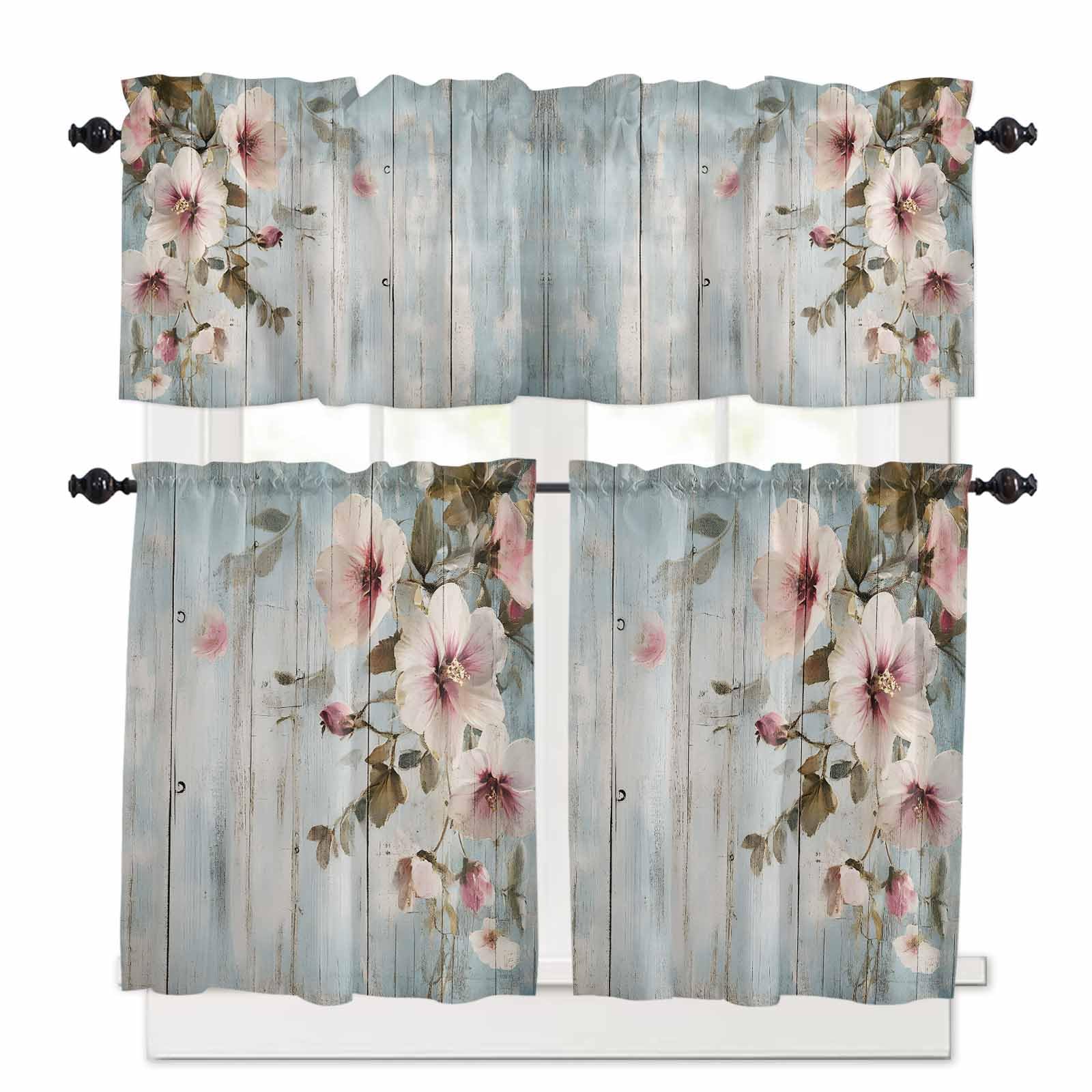 White Wildflower Kitchen Curtains 36 Inch Length, 3 Piece Rod Pocket Small Half Tiers and Valance Set, Light Blue Wood Pastoral Country Small Large Window Treatment Decor for Bedroom/Bathroom Sink