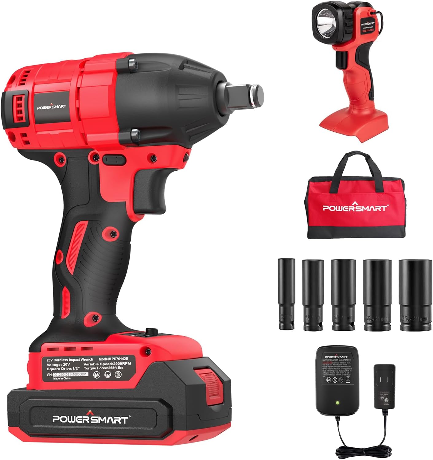 PowerSmart 20V Cordless Impact Wrench & LED Work Light, 1/2" Brushless Impact Gun Kit, 2.0Ah Battery, Charger & 5 Sockets, Electric Impact Wrench for Car Home