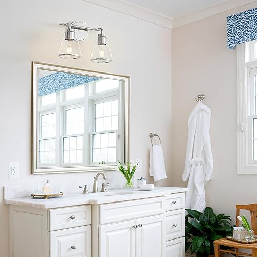 Miniatura 6 de Lámparas de baño sobre espejo de níquel pulido, 2 luces de tocador de baño con pantalla de vidrio transparente de 14 pulgadas, apliques de pared