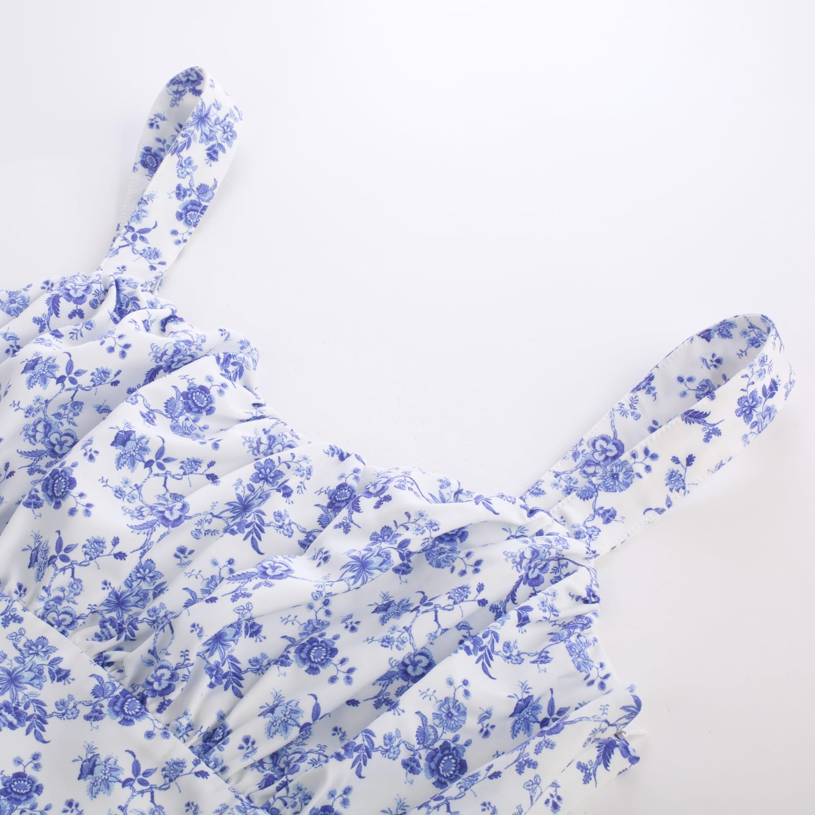 Belle Poque Women's Vintage Sleeveless Solid Floral Ruched Summer Cute A-Line Flowy Swing Midi Dress: XX-Large White-blue Floral 2