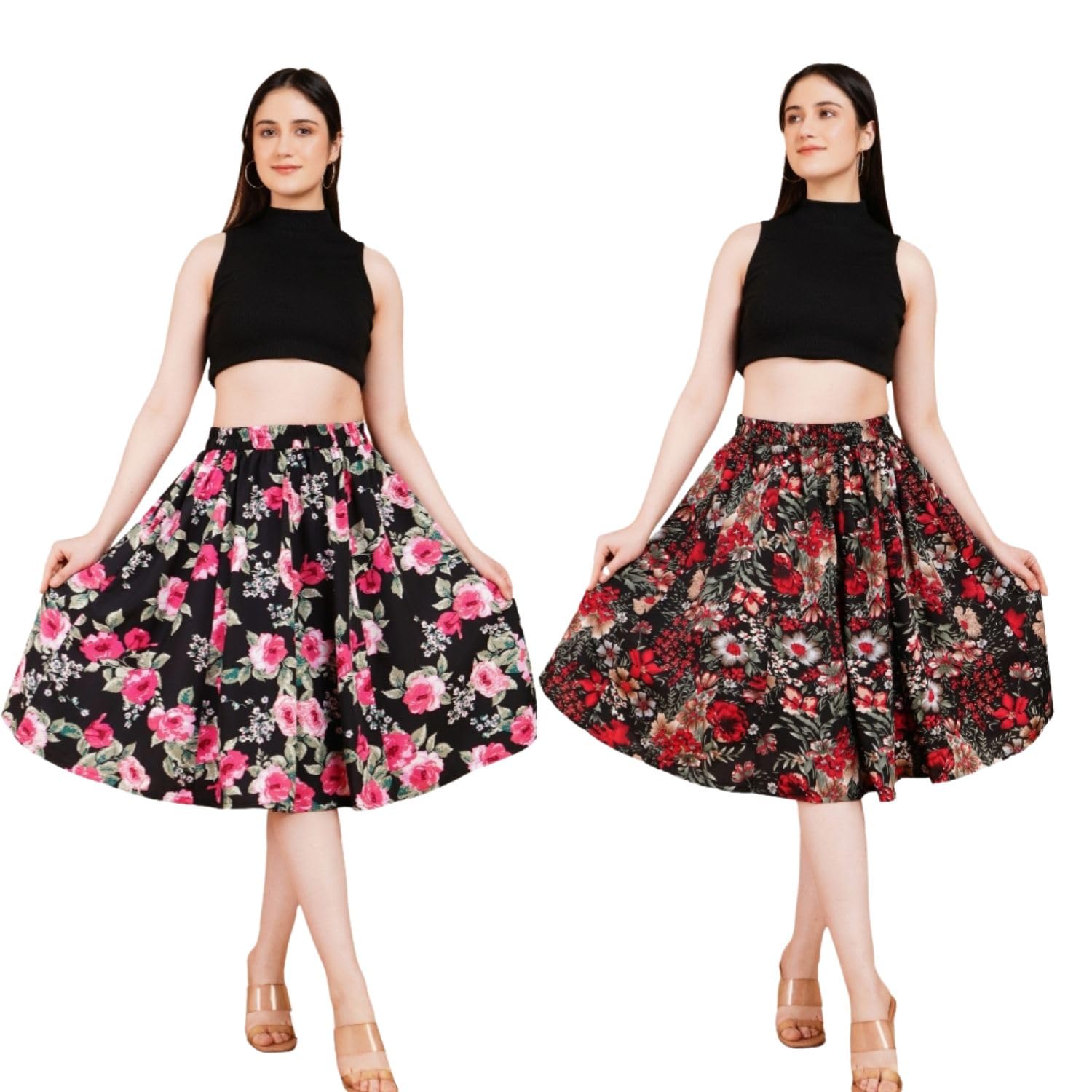 as all collection Women's Floral Print Midi Skirt, Black, Elastic Waist, Flared A-Line, Pack of 2-picture-28