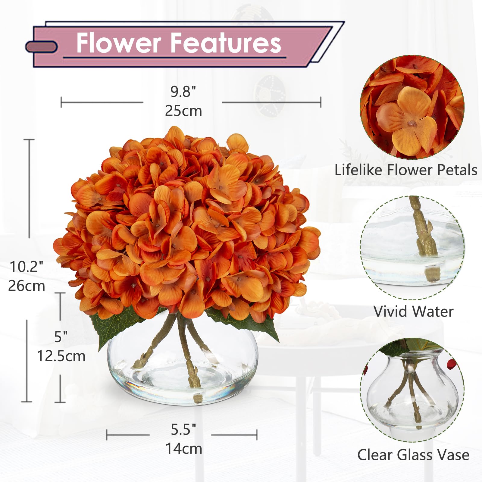 Oairse Autumn Decoartions Hydrangea Artificial Flowers Orange Hydrangea Flower in Glass Vase with Faux Water Autumn Flora Arrangement for Home Office Wedding Table Centrepiece Thanksgiving Fall Decor - Image 2