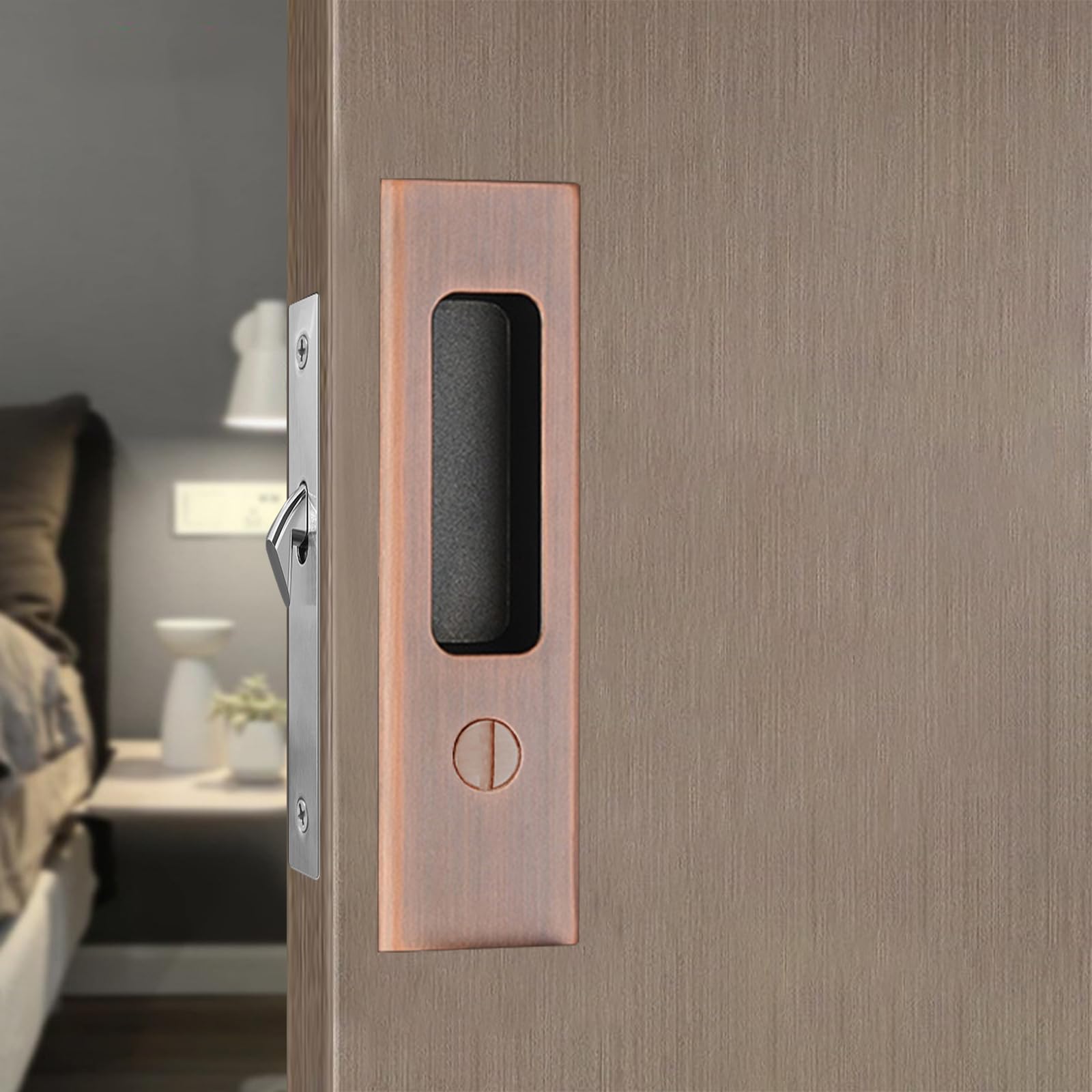 mvuenleyog Sliding Pocket Door Lock,Sliding Door Latch with Turn Knob for Interior Wooden Door,6.3in/160mm,Invisible Recessed Door Handle (Red Bronze) - Image 2