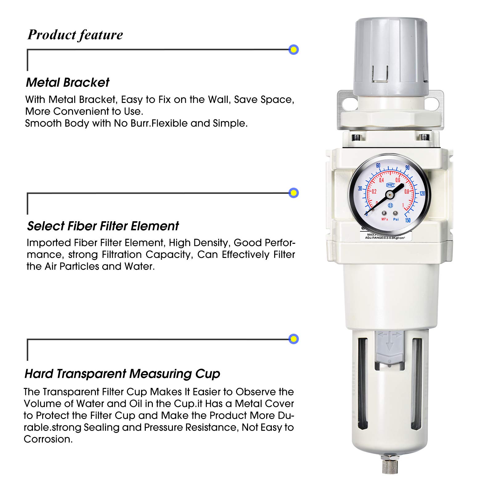 PNEUMATIC 3/4 Inch NPT Automatic Drainage Air Filter Pressure Regulator Combo Piggyback, Air Tool Compressor Filter With Gauge AW4000-06D
