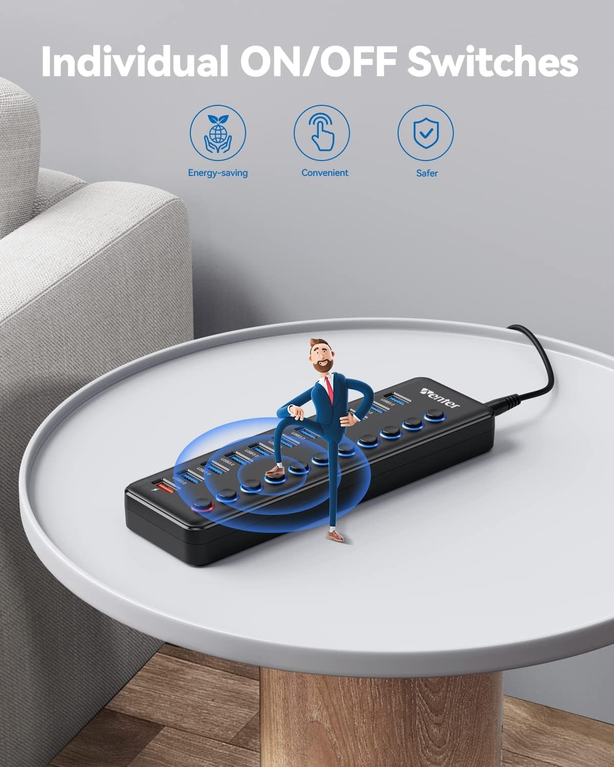 Hub USB Powered, hub splitter USB a 11 porte (10 porte di trasferimento dati e 1 porta di ricarica intelligente) con switch LED On/Off, USB Hub 3.0 alimentato con adattatore di alimentazione per Mac