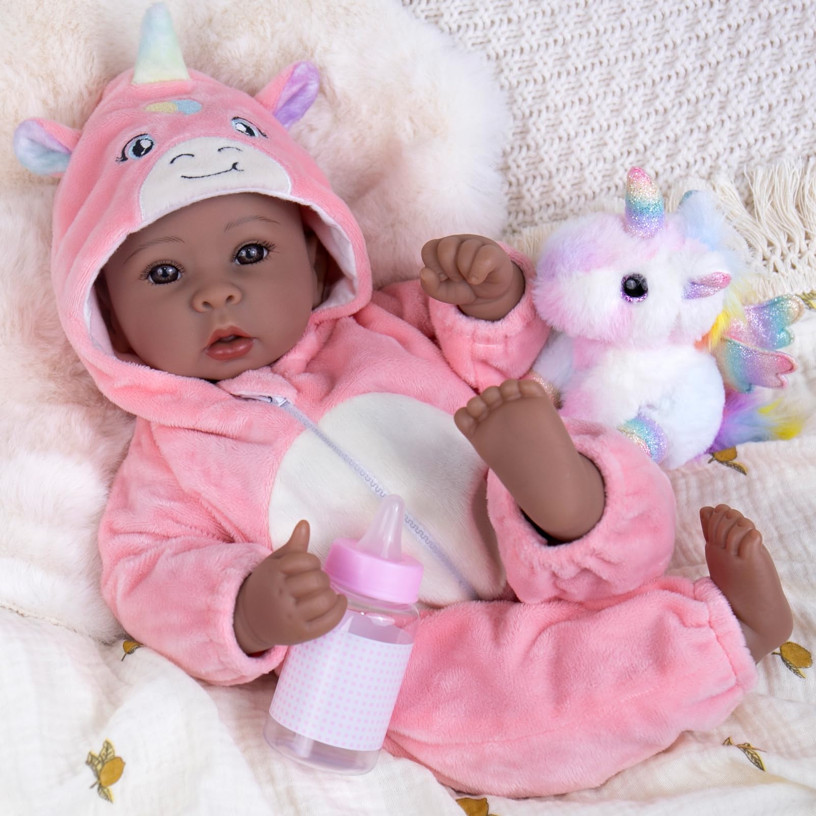 Aori 17 Inch Black Baby Dolls Realistic Black Doll with Light Weighted Soft Body & Pink Outfits for Girls 3+ | Pretend Play, Dress Up, Nursery Decor