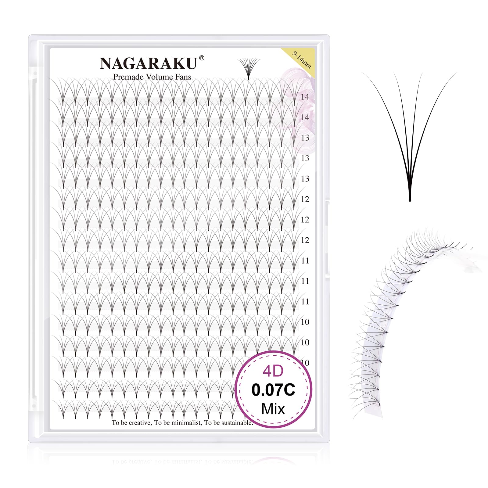 NAGARAKU Premade Fans Eyelash Extensions Thin Pointy Base 4D Volume Sharp Narrow Stem 0.07mm C curl 9-14mm Mix Clusters Russian Pre Fanned Fluffy Matte Black