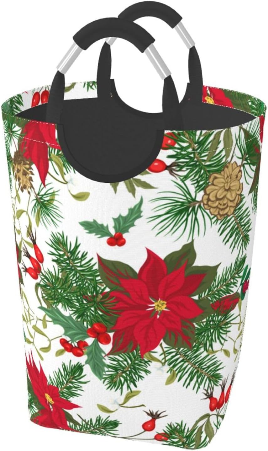Christmas Berries Laundry Basket Organizer Collapsible Tall Laundry Hamper Nursery Storage Basket Bins with Handles for Toys Organizer Clothes Bathroom Travel