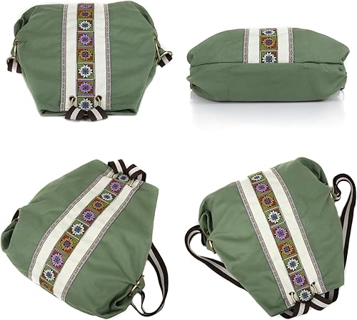 Miniatura 7 de Mochila de lona para mujer, bolsa de hombro casual, mochila de viaje antirrobo vintage resistente, Pasto verde, Mochilas Daypack