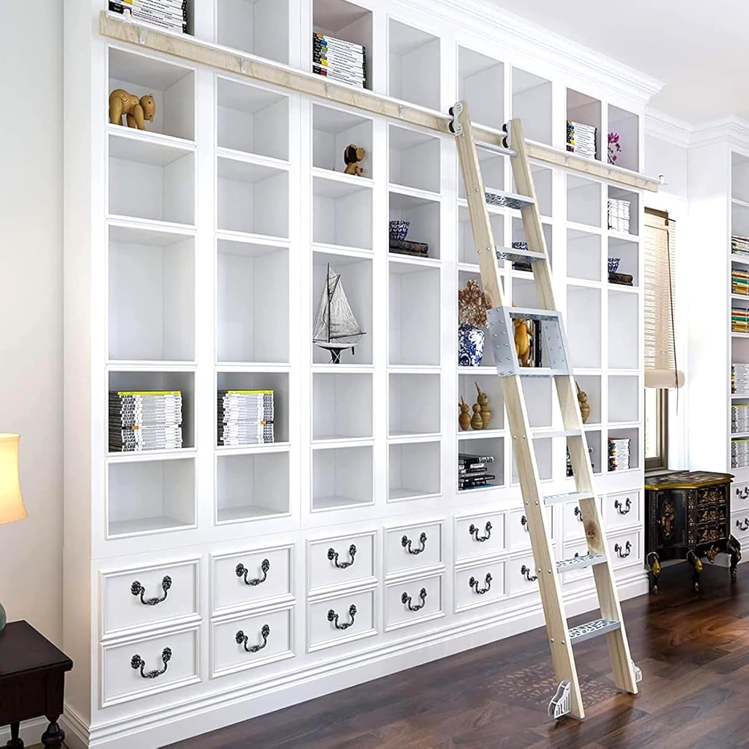 Telescopic Sliding Mobile Ladder Track Hardware Kit - 10ft (300cm) Silver Round Tube with Floor Roller Wheels - Perfect for Easy Access and Storage Solutions
