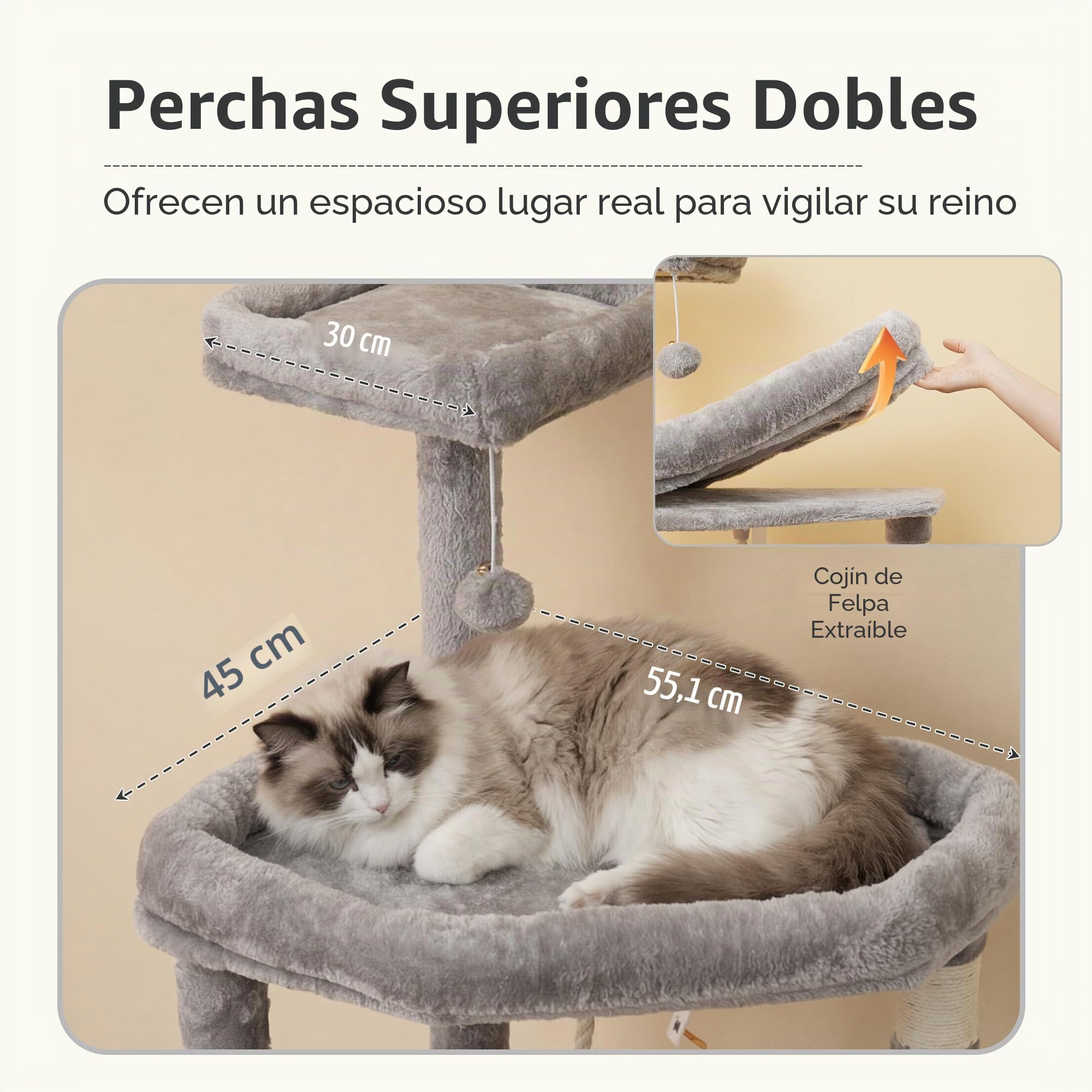 Heybly Árbol para Gatos, 163 cm Torre para Gatos Estable con Base Ancha, Plataforma Grande Espaciosa, Cama Colgante Extragrande, Postes Y Rascador De Sisal, Cesta para Gatos, Gris Claro HCT027W