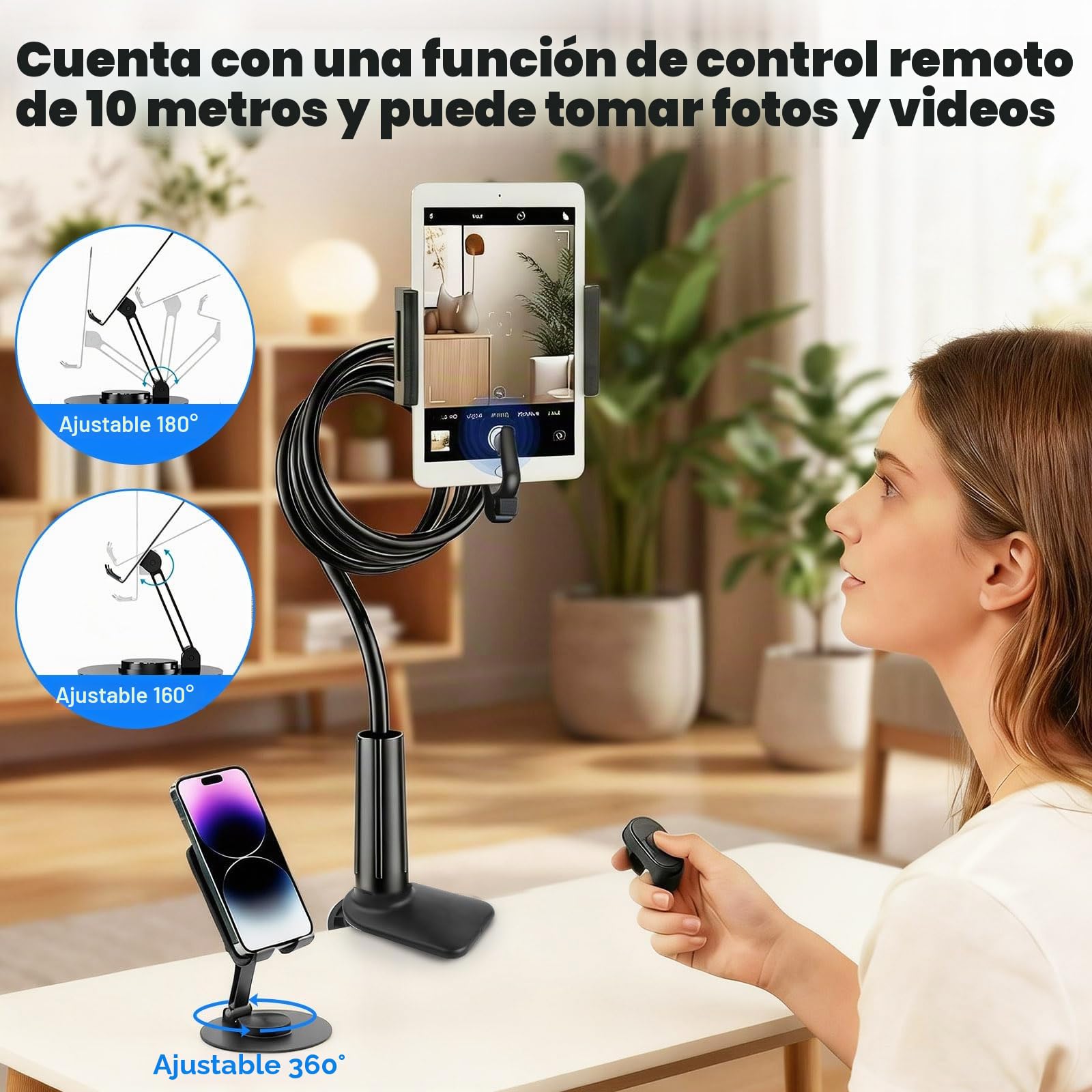 Soporte de Cuello de Cisne con Control Remoto Kindle | Soporte Ajustable para Tableta para Leer en la Cama, Soporte Movil para Kindle Accesorios/iPad/teléfono 5 a 12,9 Pulgadas