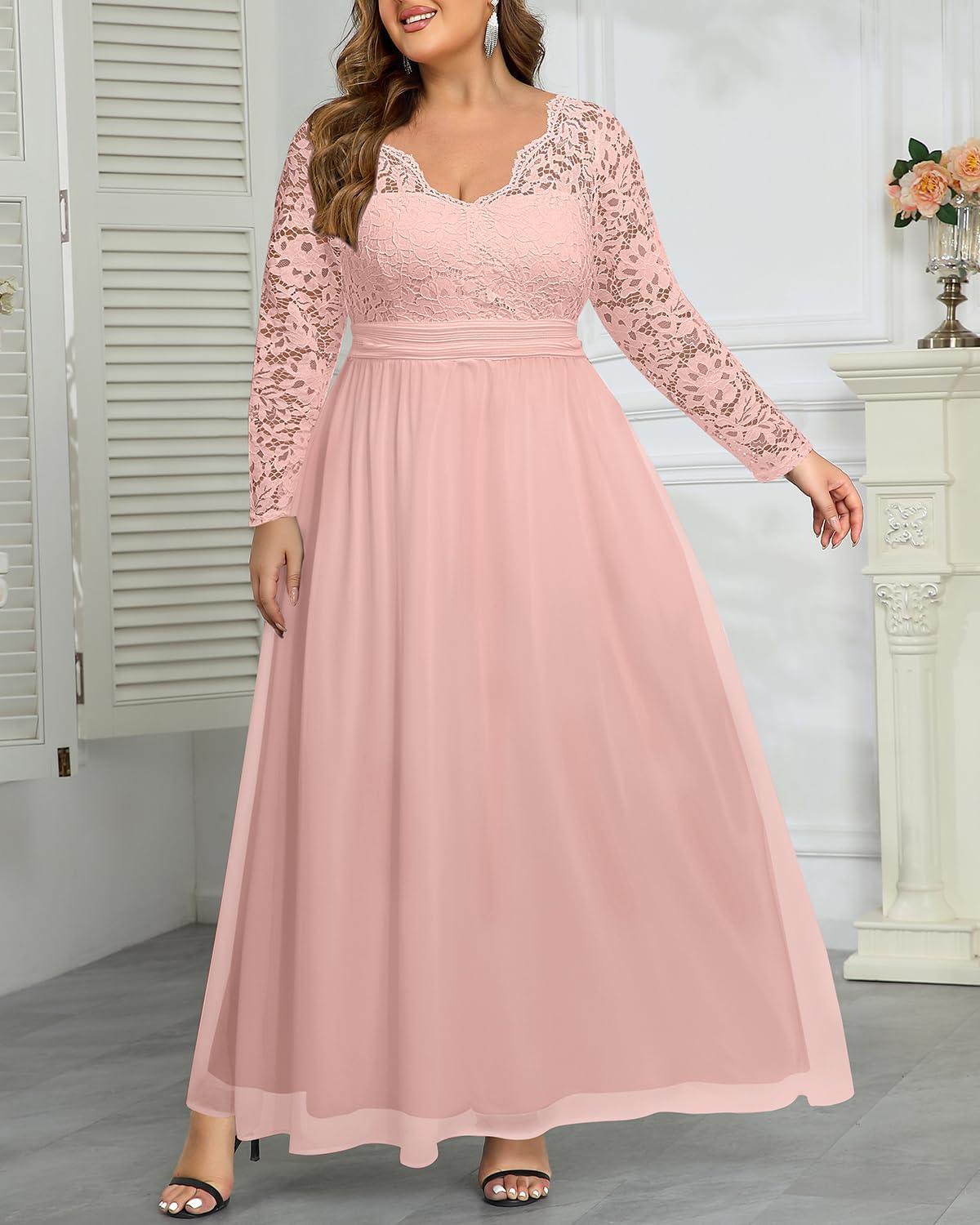 Plus Size Formal Wedding Dresses - Gowns Evening Prom Elegant V Neck Long Sleeve Lace Chiffon Long Maxi Dress - Image 6