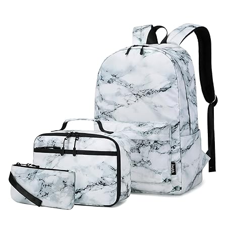 Imyth Backpack for Teen Girls School Gift Bookbag Lunch Box Pencil Bag 3 in 1 Set(Marble-White)