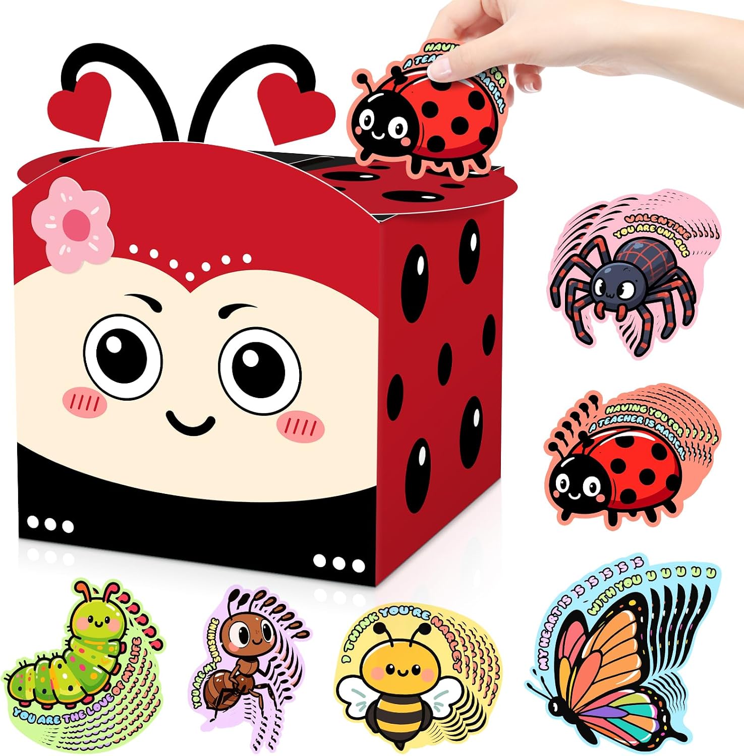 Valentines DIY Mailbox for Kids with 36 Greeting Cards Valentine's Day Ladybug Card Box for Kids Classroom School Gift Exchange Valentines Party Favors(30 Valentine Card, 6 Teacher Card)