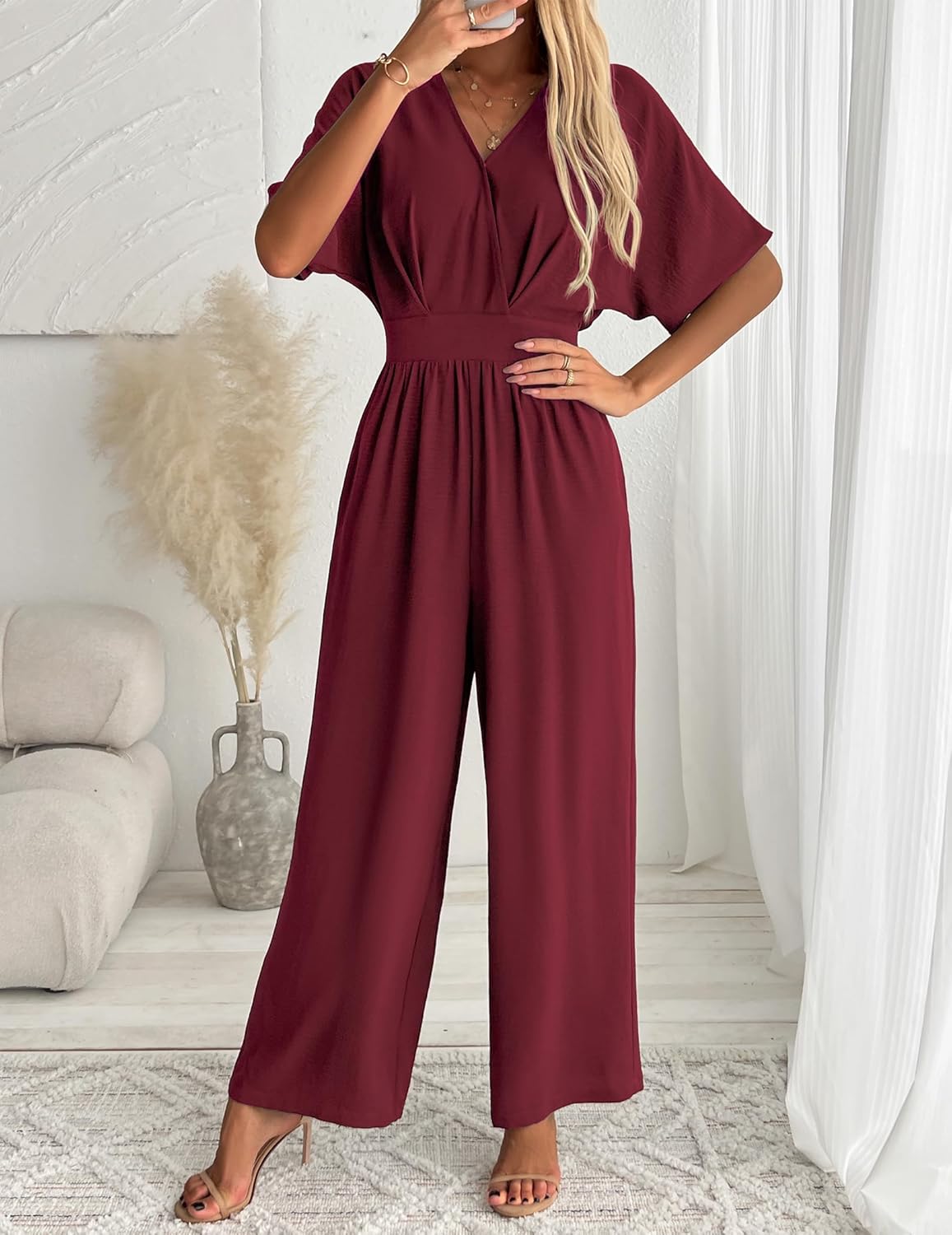 Women's One Piece Jumpsuits Dressy Casual V-Neck Batwing Short Sleeve Wide Leg Elegant Ladies Jumpsuit Rompers - Image 2