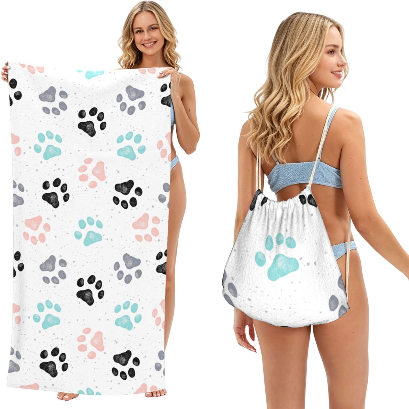 Poadnly Dog Paw Prints, 2 in 1 Packable Towel Bag, Beach Towels with Drawstring Backpack for Travel Holiday Camping