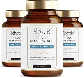 Trans Resveratrol von DR-D Longevity - 1000 mg, Premium-Antioxidans, 99% Reines Trans-Resveratrol, Hochdosiert, 60 Vegane Kapseln - 30 Tagesdosen (3 Monate / 3 Flaschen)