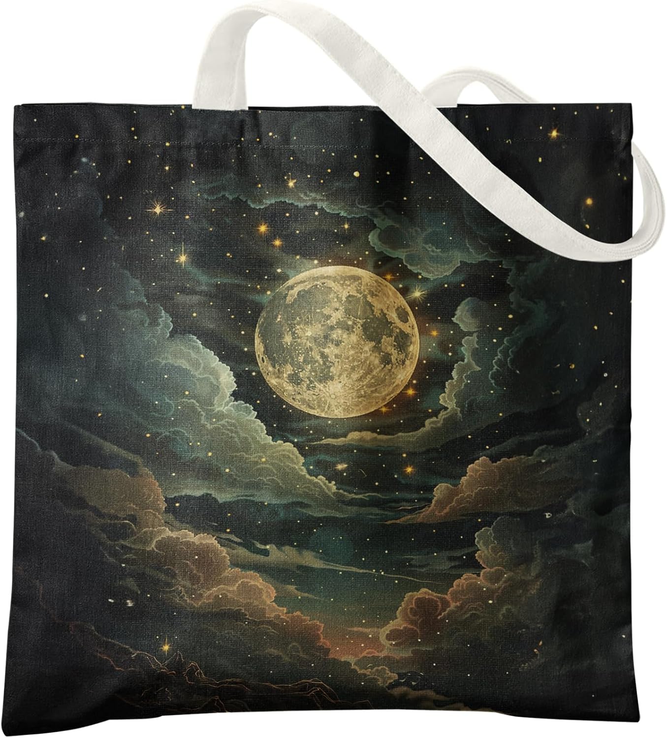 Mystical Celestial Moon and Stars Tote Bag, Enchanting Starry Night Sky Canvas Tote Bags for Women, Dark Academia Tote Bag, Reusable Grocery Bags Shopping Bags