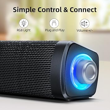 Uakinat Computer Speakers, USB Powered 3.5mm AUX Small PC Speakers, Colorful LED Lights with Key Buttons, Surround Sound Portable Computer Sound Bar for Desktop Laptop