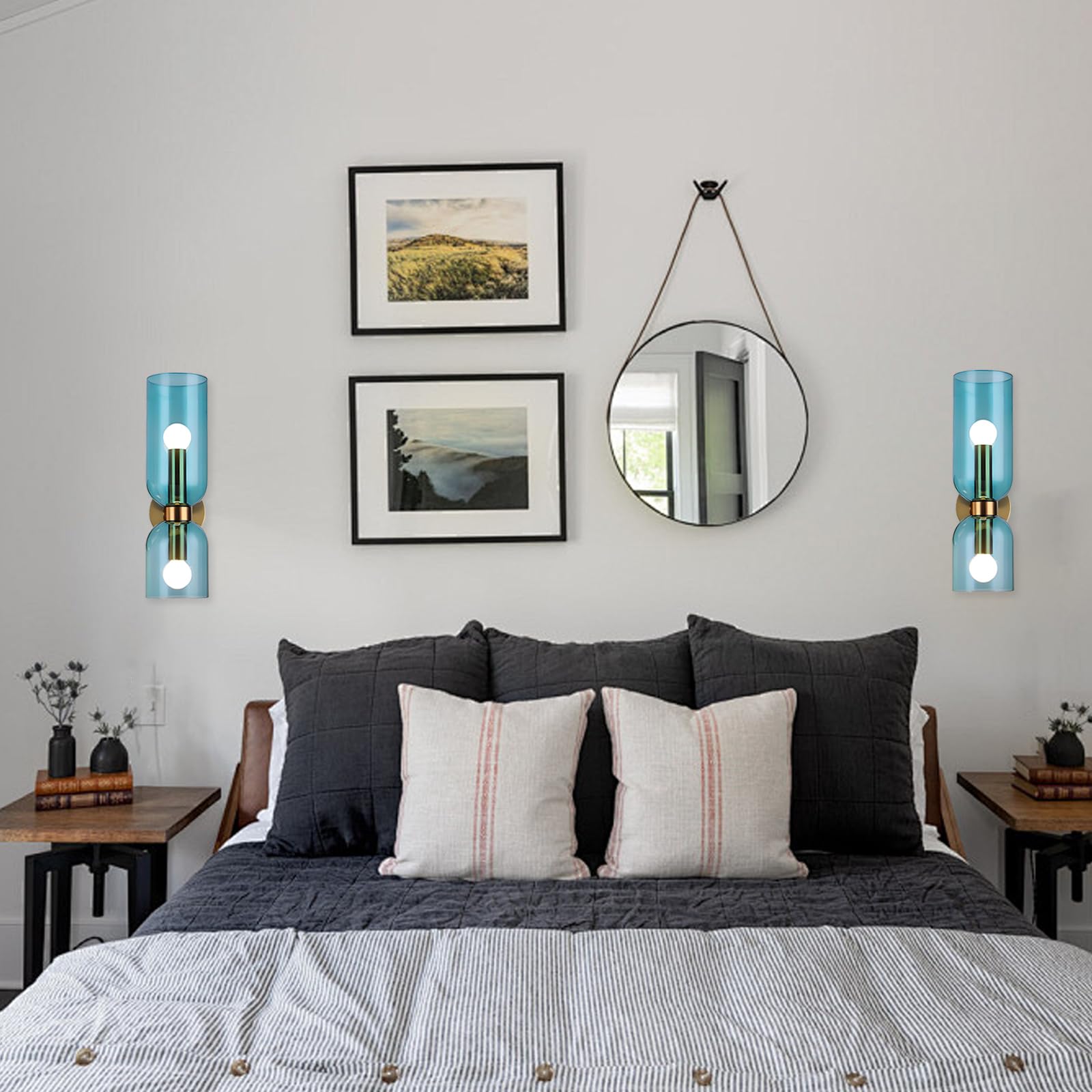 Nowoczesna lampa ścienna z 2 złotymi światłami - lampa ścienna ze szklanym abażurem, lampa ścienna E14 do sypialni, łazienki, salonu (niebieska)