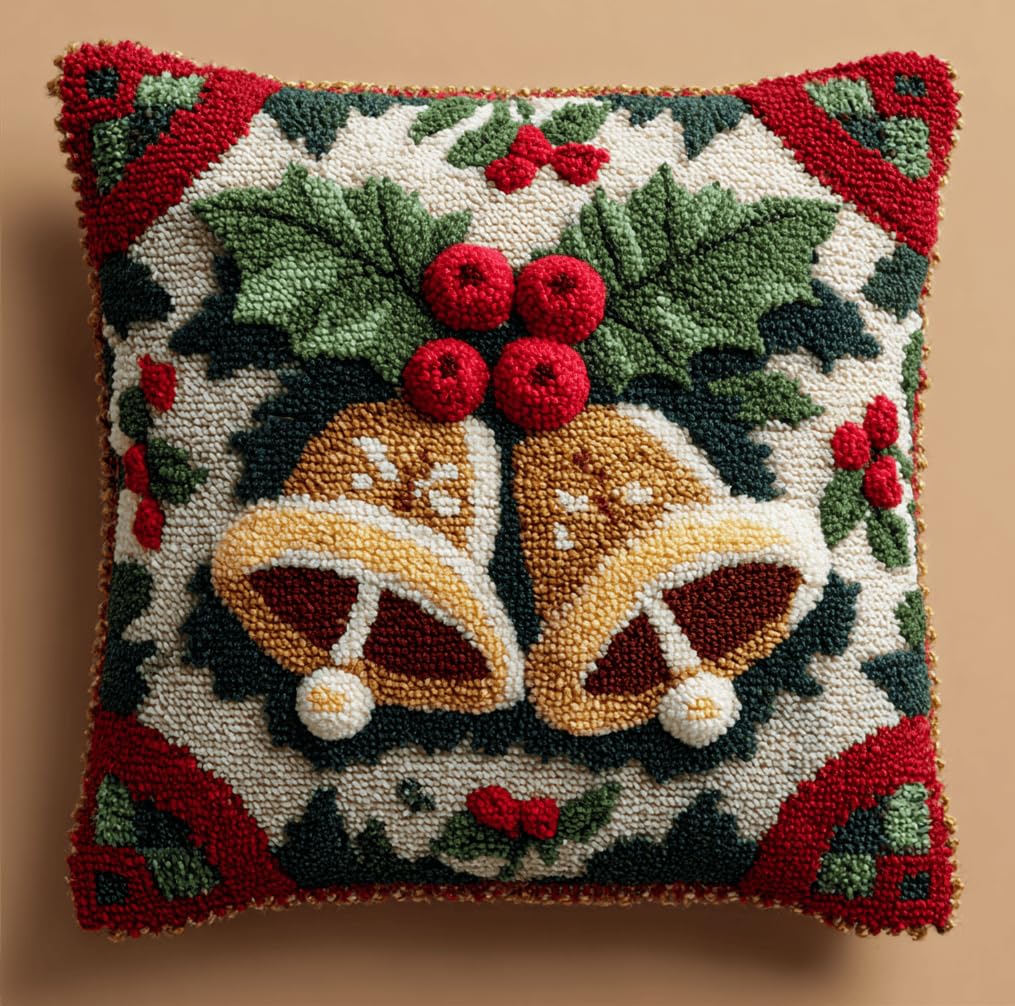 kitphoenix Latch Hook Cushion Kits Christmas_Bells 3D Pillow Materials Package 43Cmx43Cm DIY Latch Hook Kits Yarn Kits Pillow Rug Pattern Arts and Crafts Crochet Needlework