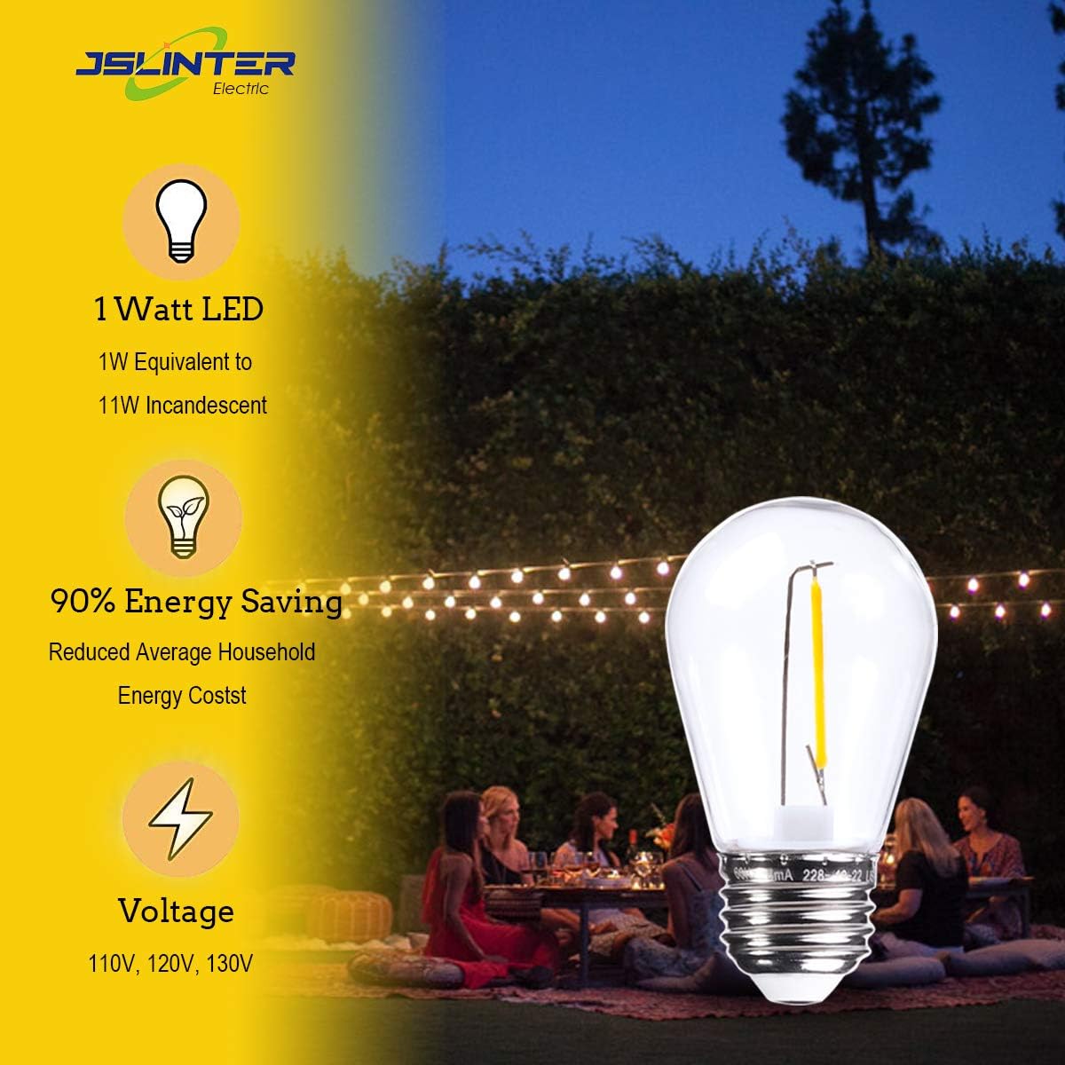 Jslinter LED Light Bulbs 25-Pack, Outdoor Waterproof Shatterproof String Light S14 Replacement Bulbs with E26 Base, 1W 120V, 2700K Warm White Ac 110-130V - - 