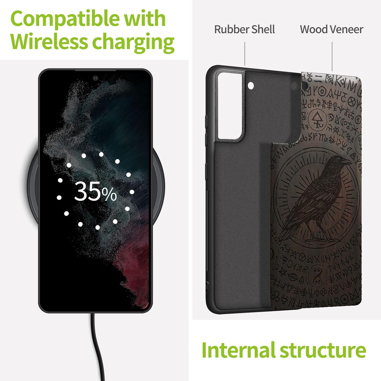 Carveit Wood Case for Galaxy S21 Case [Natural Wood & Black Soft TPU] Shockproof Hybrid Protective Unique Wooden Cover Compatible with Samsung S21 5G (Witchcraft Raven-Blackwood)