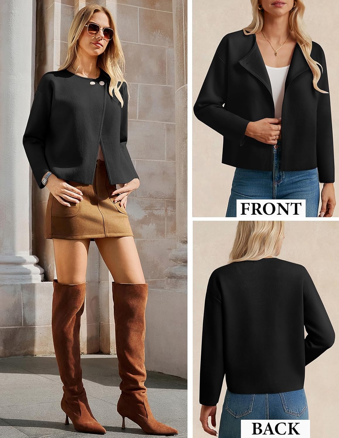 GRACE KARIN Womens Cropped Knit Sweater Blazer, Oversized Open Front Jackets 2026 Spring, Laple Cardigans Dressy Casual - Image 4