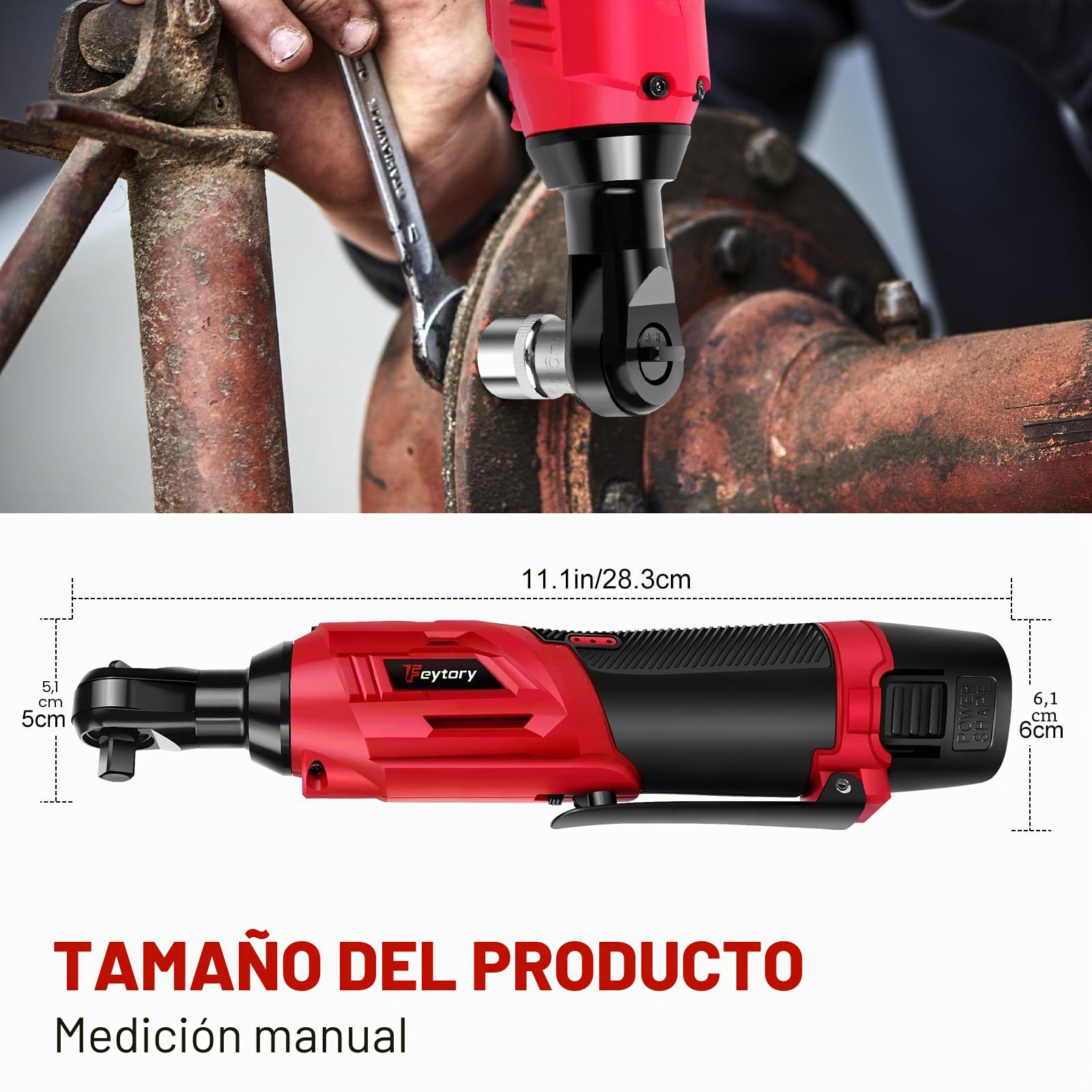 DayPlus Llave de trinquete con batería de 12V, 40 Nm Juego de llave de trinquete eléctrico, 2300 RPM con 2 baterías de iones de litio de 1.5Ah y carga rápida, 7 enchufes, velocidad variable, rojo