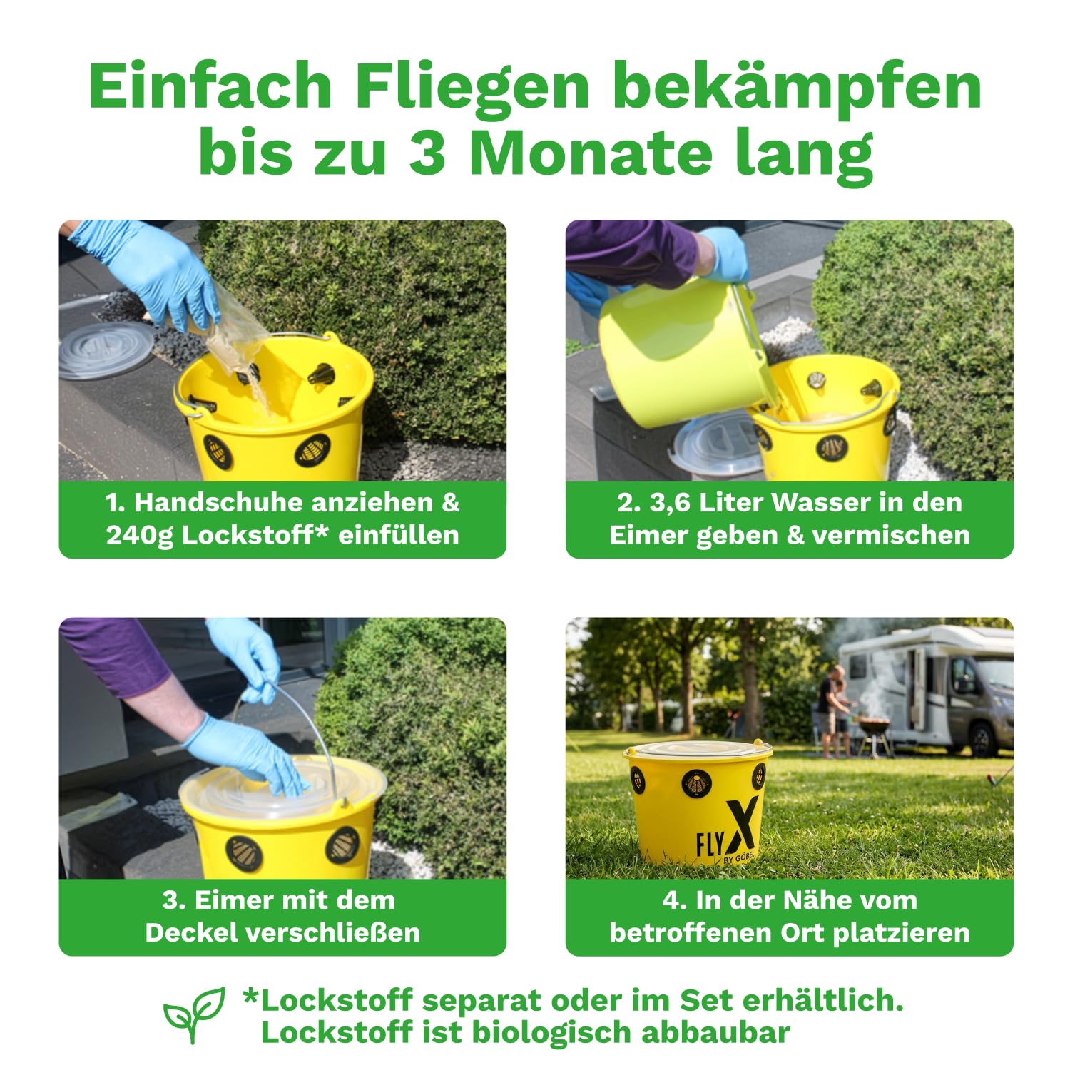 Piège à mouches Göbel Fly X, pour jardin, écurie, saule et chevaux, protection idéale contre les mouches, jusqu'à 250 000 mouches, insectes, freins, tiques, seau à suspendre avec arceau (piège à