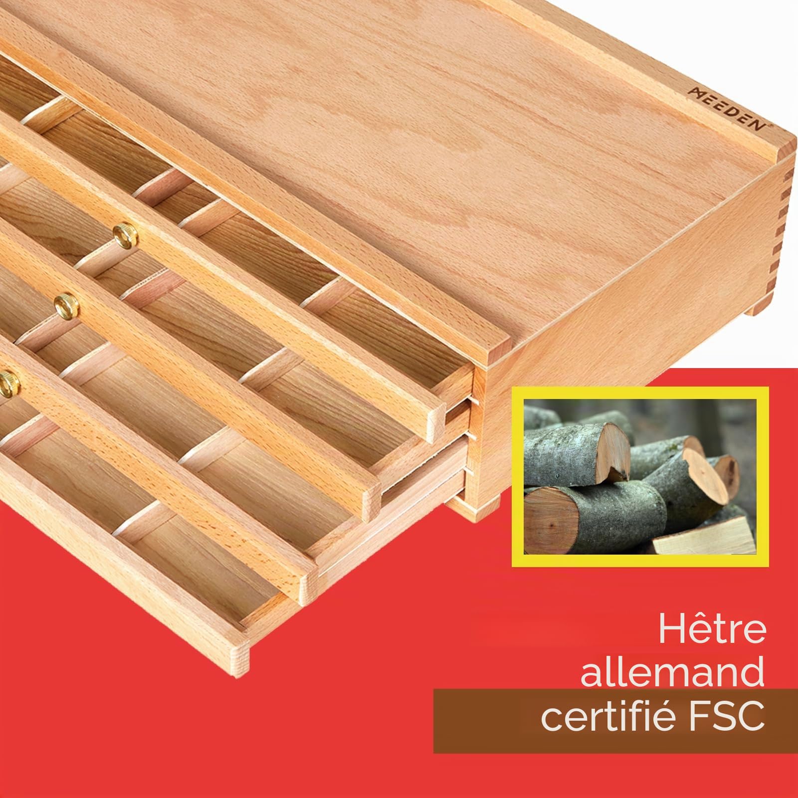 MEEDEN Boîte de rangement en bois de hêtre 4 tiroirs pour crayons et pinceaux avec tiroir et compartiments pour pastels, crayons, stylos, pinceaux, tampons