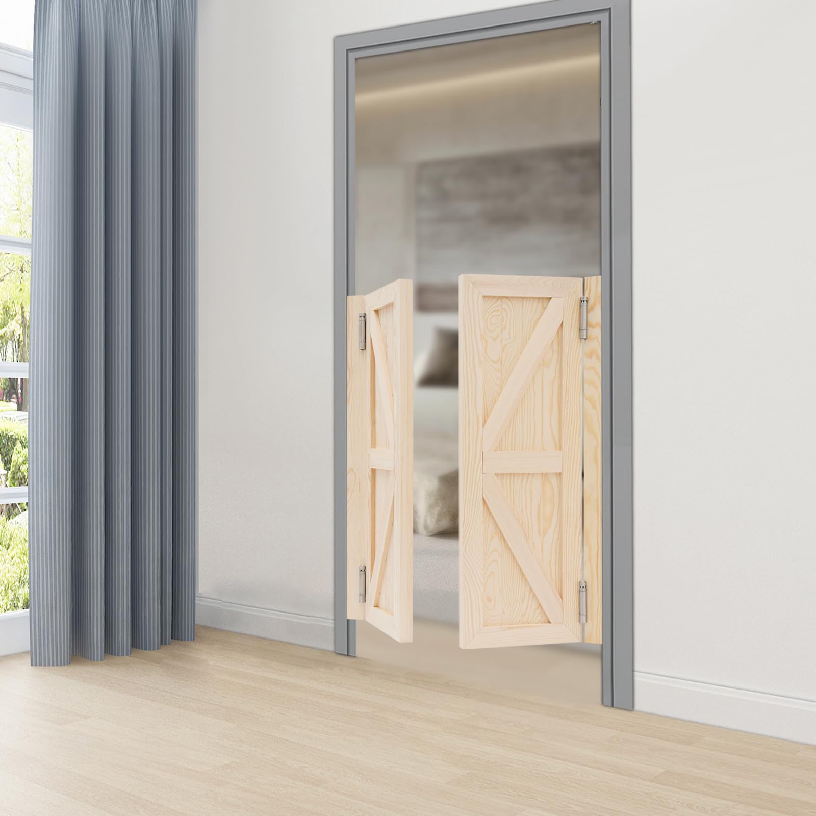 Lot de 2 portes battantes, porte à lamelles en bois de pin, 70 x 90 cm, kit complet de portes de salon, retour automatique de porte, portes de bar, portes à charnière, portes battantes en bois massif