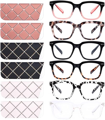 Paquete de 6 lentes de lectura de moda para mujeres y hombres, bloqueo de luz azul, lectores cuadrados de gran tamaño con bisagra de resorte