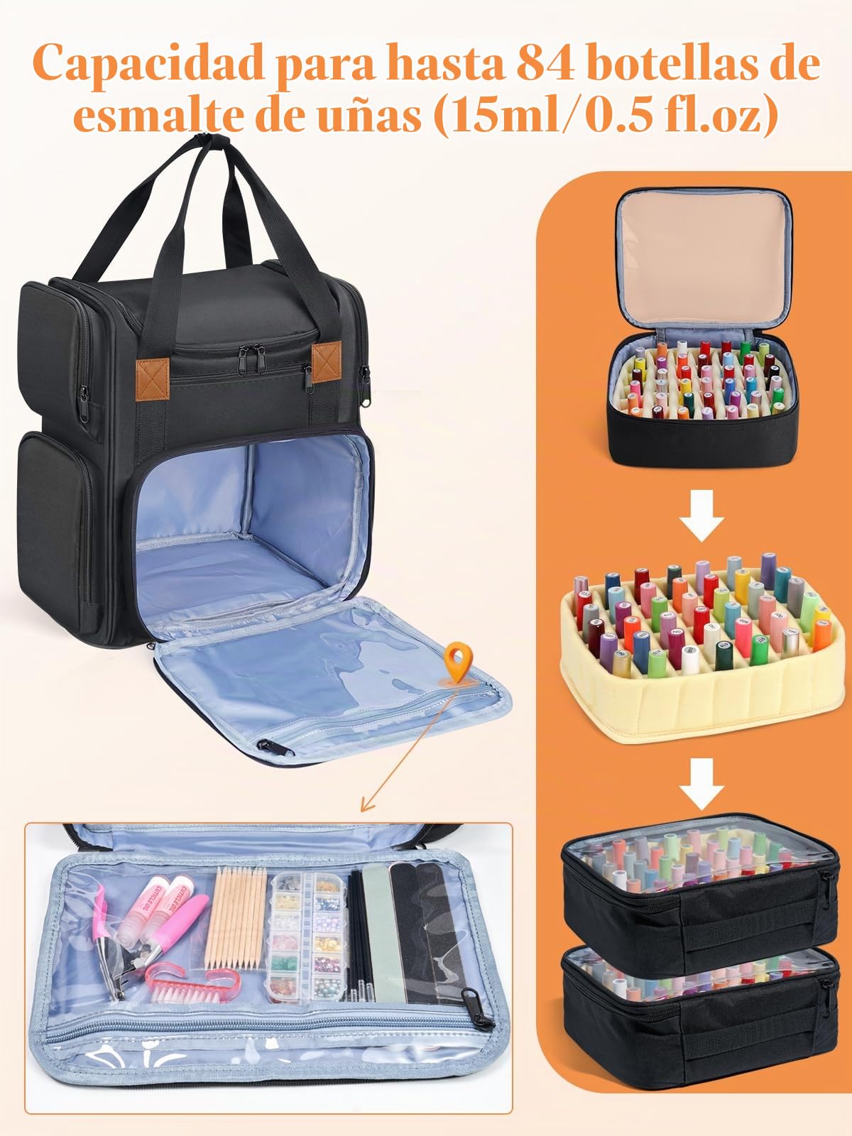 Yokilly Mochila Organizadora de Esmaltes para 84 Botellas(15ml) y Lámpara