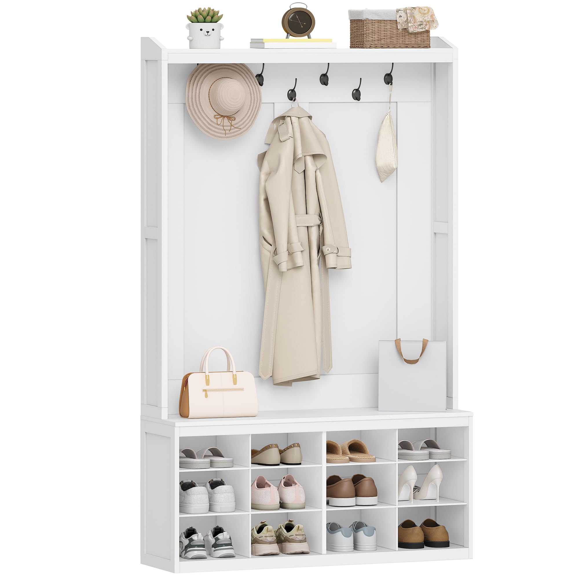 Hzuaneri Garderobenständer, Garderobe mit 12 Offenem Stauraum, Weiß | Freistehender Kleiderständer, 7 Doppelhaken, Flurgarderobe Set, für Eingangsbereich, Flur, 32 x 100 x 181,5 cm, HT27803X