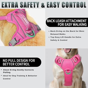 BARKBAY No Pull Dog Harness Large Step in Reflective Dog Harness with Front Clip and Easy Control Handle for Walking Training Running with ID tag Pocket(Pink,L)
